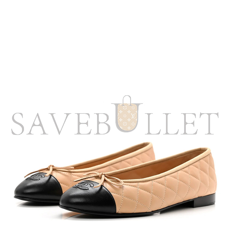 Ch**el LAMBSKIN QUILTED CC CAP TOE BALLERINA FLATS BEIGE BLACK